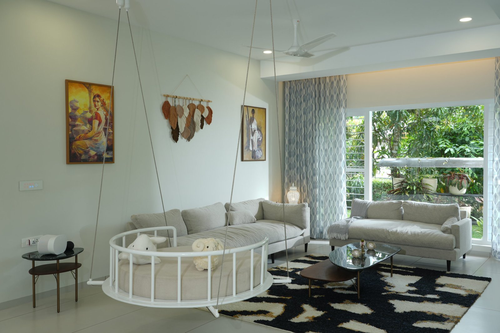 Dining area beside a landscaped courtyard
